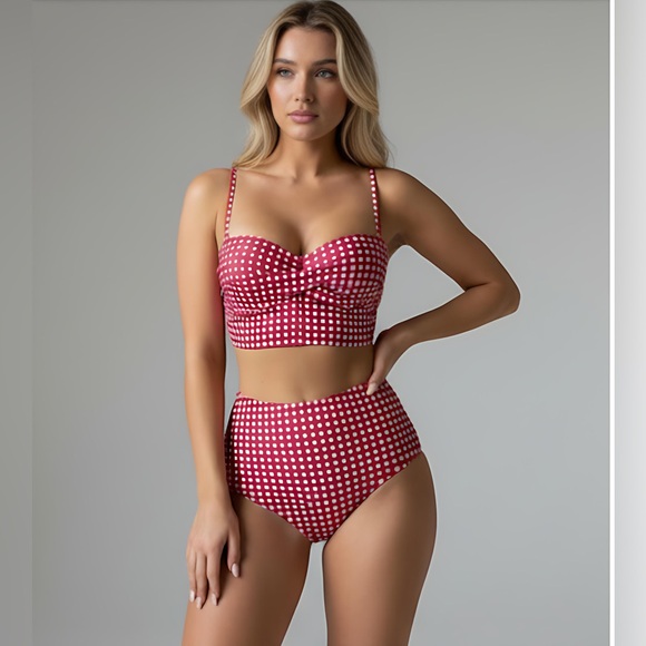 Gingham Twist Push Up Bra & High Waisted Bottom Bikini Red/Wht - Picture 1 of 6